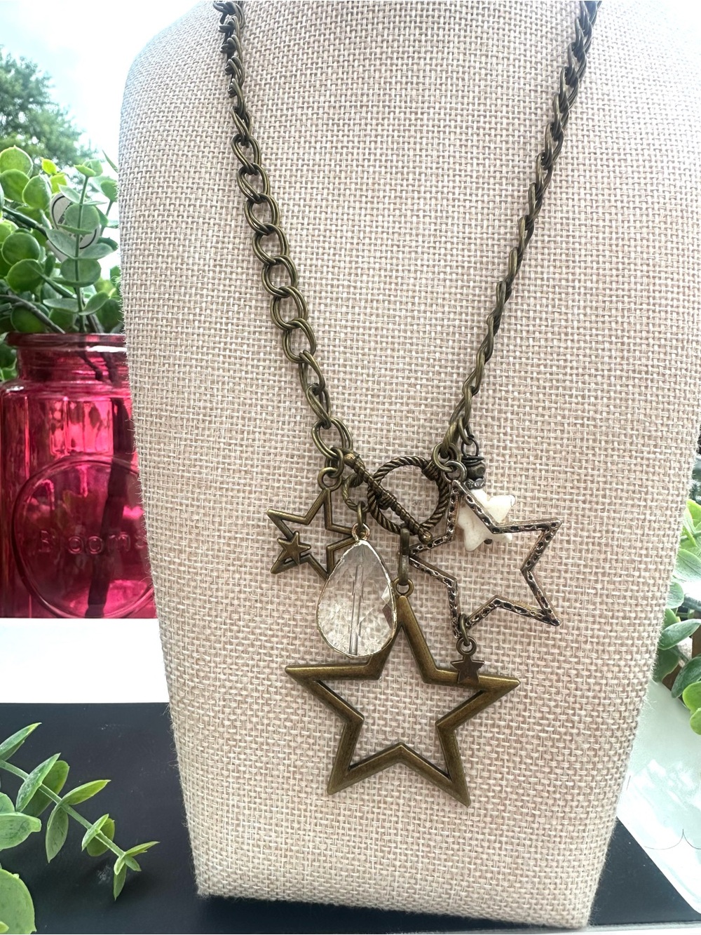 Antique Brass Star Charm Necklace with Mixed Pendants